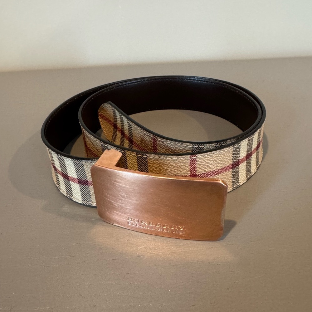 Burberry Plaid Belt with Copper Buckle